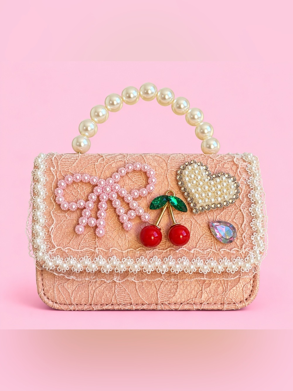 Pink Pearl-Embellished Lace Clutch with Cherry Charm